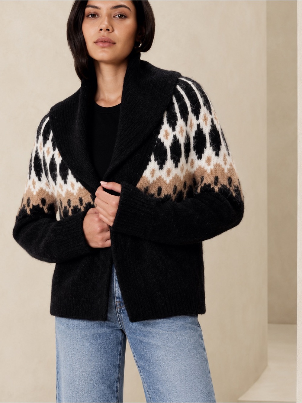 NWT Alpaca Banana Republic Fair Isle Cardigan Sweater Black Size L western Fall